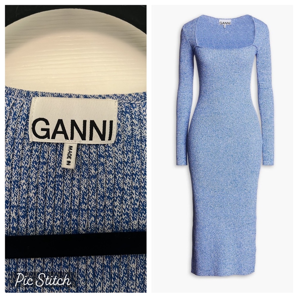 NWOT GANNI melange ribbed knit marled sweater dress in Daphne blue XL